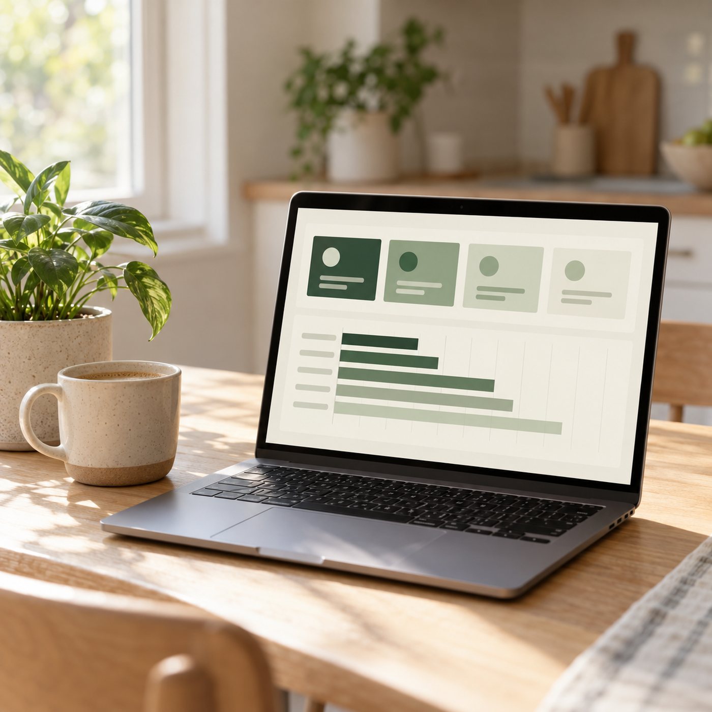 A laptop on a kitchen table showing a green budget dashboard